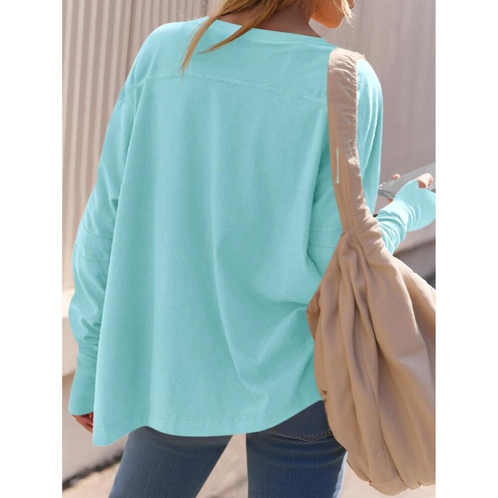 Womens Oversized Long Sleeve V Neck T Shirts Casual Tunic Tops for Leggings - Picture 2 of 6